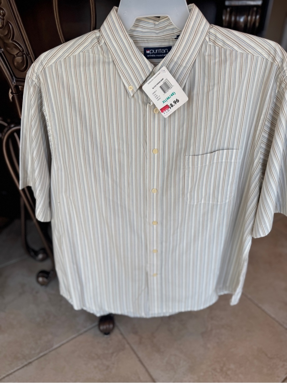 Puritan Men's Short-Sleeve Button-Down Stripe Shirt - Cream, Tan, Blue
